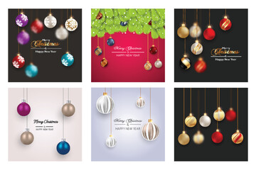 Christmas balls background, Christmas social media posts Hanging Xmas decorative balls, Christmas wish card, Festive vector realistic decor ornaments