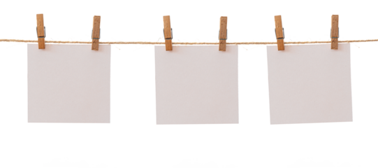 Three frames that hang on a rope with clothespins and isolated on white. Blank cards on rope mockup template, clipping path.
