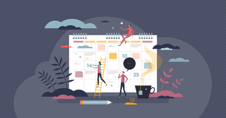 Calendar schedule with month date plan or daily reminders tiny person concept. Appointment, meeting and business note on monthly, annual or weekly organizer vector illustration. Planning tool for work