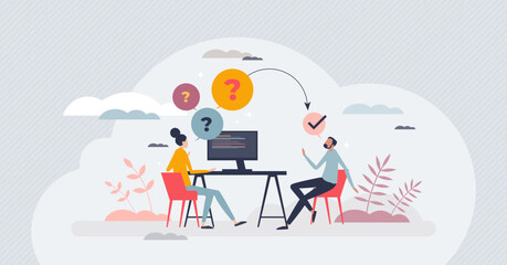 Job interview questions and candidate experience check tiny person concept. Human resources work process with CV evaluation, skill and qualification expertise using conversation vector illustration. - obrazy, fototapety, plakaty