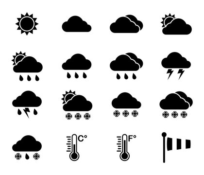 Weather icon set black color. Weather symbols. Weather overcast.