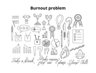Doodle illustration set burnout concept problem symbol.