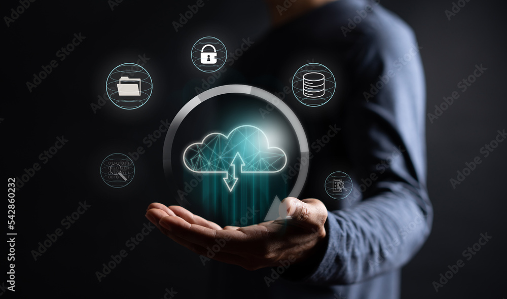 Fototapete Businessman showing virtual glowing cloud computing to download and loading data information and upload on system network application. Technology transformation concept