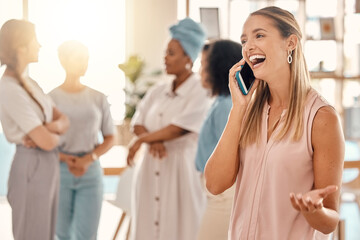 Business woman, phone call and excited deal, bonus and good news for success, motivation and happiness in office agency. Happy, laughing and young worker talking to client on smartphone about sales