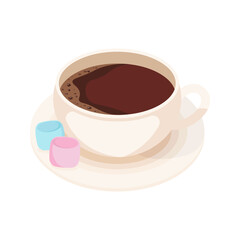 A cup of cocoa on a saucer with colored marshmallow