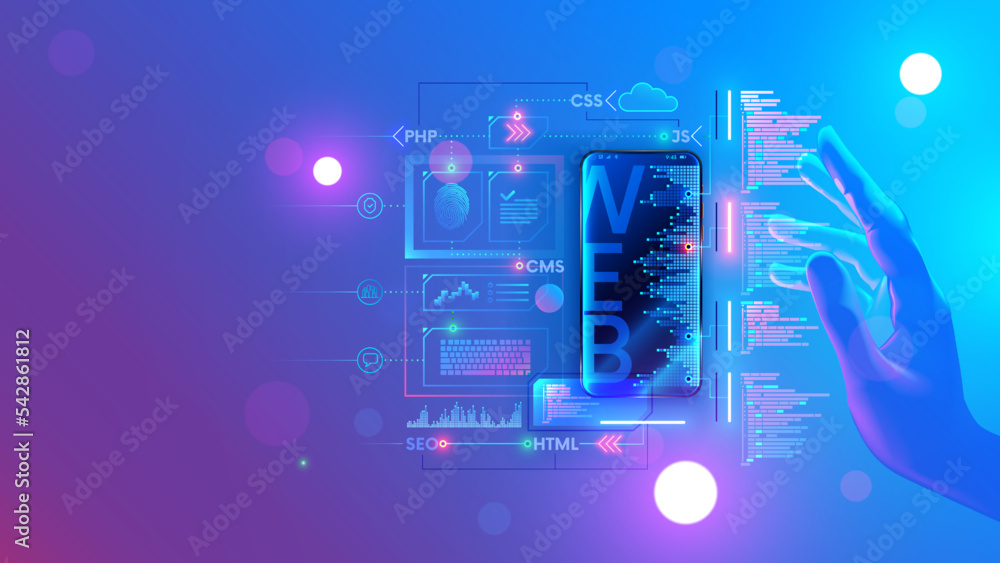 Fototapete ui ux design for phone mobile app. Conceptual illustration of web develop internet site. Creating software of smartphone application. Web design of mobile layout of website. Digital technology.