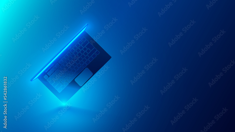 Poster Rotated laptop balances on corner. Keyboard view on laptop on blue background. Conceptual illustration of Computer technology. Notebook angled top view. the electronic device shines with its screen.