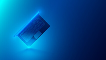Rotated laptop balances on corner. Keyboard view on laptop on blue background. Conceptual illustration of Computer technology. Notebook angled top view. the electronic device shines with its screen.