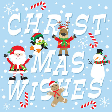 christmas card with santa claus, snowman, penguin, reindeer, gingerbread man and text