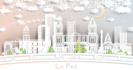 La Paz Bolivia City Skyline in Paper Cut Style with Snowflakes, Moon and Neon Garland. - obrazy, fototapety, plakaty