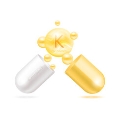 Potassium mineral in capsule yellow 3d isolated on white background. Vector EPS10 illustration. Vitamins minerals complex for product design. Medical scientific concepts.