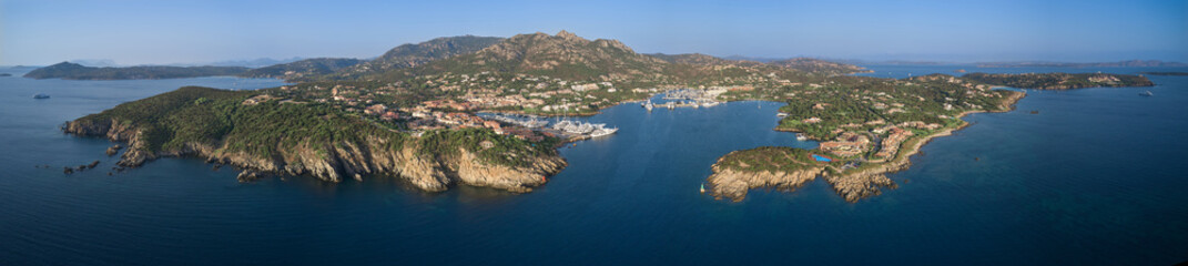 Aerial panorama of Porto Cervo Coastline, Sardinia Italy.