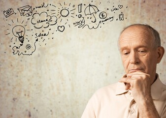 Senior man looking concerned with set of infographics illustrations