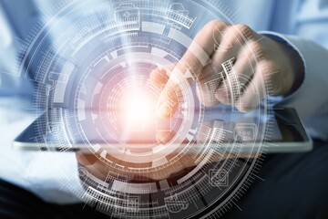 Technology concept. Businessman works in an office