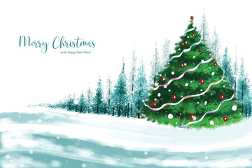 Winter landscape with falling christmas snow and tree holiday card background