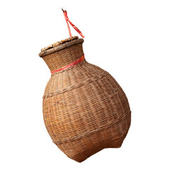 Woven container for fish, on a white background.