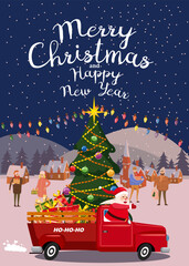 Fototapeta premium Santa Claus drives an old retro car, truck