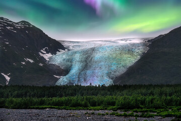 Spectacular Alaska Landscape of the Northern Lights over Exit Glacier in Seward Alaska
