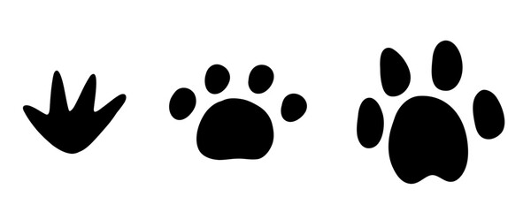 Fototapeta premium Paw print. Trace of animal. Pawprint of cat, dog, frog, lion, tiger, bear. Vector black icon illustration on a white background.