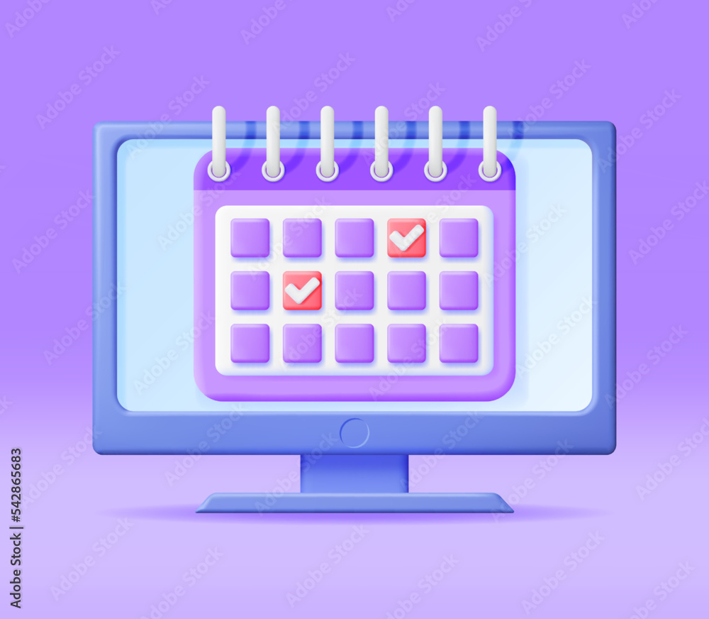 Poster 3d paper spiral calendar on computer screen isolated. render calendar and monitor computer. schedule