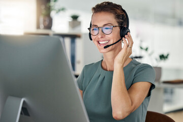 Happy, call center and computer, woman and headphones at desk, customer support or sales for...