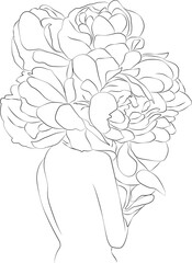 Woman with flowers in hair composition. Abstract minimal portrait. Hand drawn line art illustration.