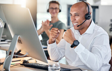 Customer service, telemarketing and contact us worker celebration for promotion, sale or goal in call center. Black man working with crm, communication or support online while excited, target or wow