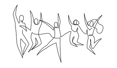 Happy people jumping continuous one line vector illustration. Young funny teens guy, girl jumping together for joy joyful celebration victory team of smiling students celebrates success.