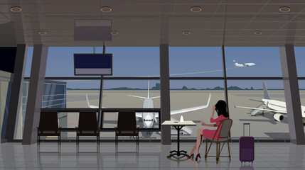 A girl in a cafe at the airport, near the window overlooking the planes. Vector.