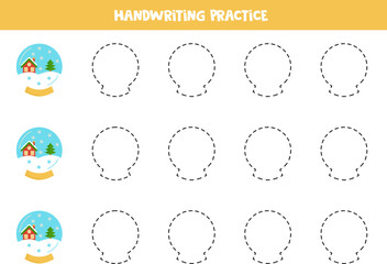 Tracing lines for kids with Christmas snowball. Writing practice.