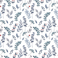 Christmas botanical illustration with watercolor flowers and leaves. Hand painted clipart, new year decor