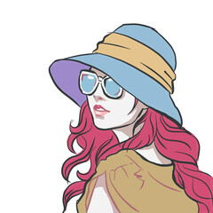 pink hair girl in a hat PNG for card illustration background