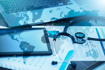 Technology, documents or stethoscope in global healthcare collaboration, medical community or life insurance 3D. Zoom, paper or laptop digital transformation of world map hologram in future medicine