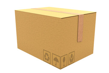 3d rendering illustration of cardboard box icon standing front view isolated on white background. Mockup isometric delivery cargo box. Online shopping and delivery concept