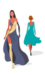 Charming women walk the podium. Fashion show spring creation.