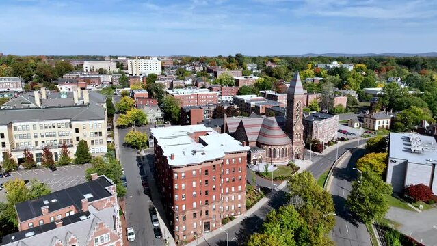 springfield massachusetts aerial over neighborhoods, apartments and homes and businesses
