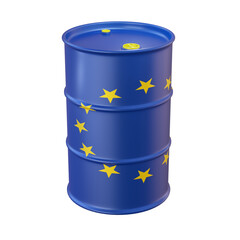 isolated 3d render of oil barrel in euro flag colour combination.