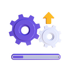 Update icon with gears. Loading or updating files, install new software, operating system, update support, setting options, maintenance, adjusting app process, 3d rendering