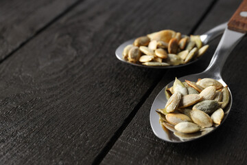 Concept of Autumn vibe food, Pumpkin, Pumpkin seeds, space for text