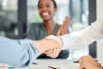 Handshake, deal and business partnership agreement with applause at startup office. Shaking hands,...