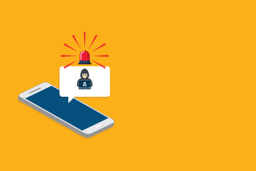 Hacker, malware notification on mobile phone. Smartphone with hacker alert, spam data on cellphone fraud error message, scam, virus.