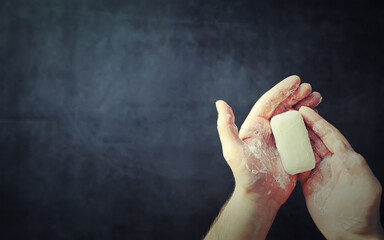 Bare hands in lather and soap. Hand hygiene. To wash hands. Disinfection with soap protection against viruses.