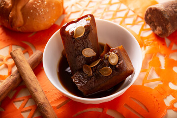 Dulce de Calabaza. Mexican dessert whose main ingredients are pumpkin and piloncillo, also known as Chacualole, Xacualole or Calabaza en Tacha, widely used in Day of the Dead offerings.