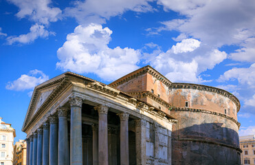 Fototapeta na wymiar The Pantheon in Rome, Italy: view of the exterior with the colonnaded portico.