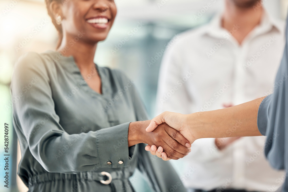 Canvas Prints Handshake, welcome and meeting with a black woman in business shaking hands with a colleague. Teamwork, thank you and b2b with a female employee and coworker reaching a partnership agreement