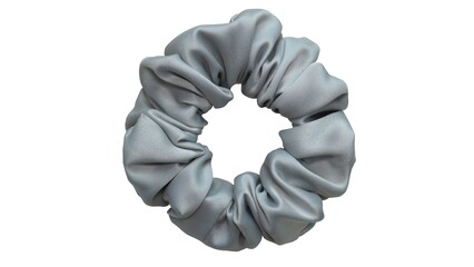 Hair scrunchie as hair tie in beautiful gray color made out of satin fabric with white background, so elegant and fashionable. A great hair tie accessory for girls and women.