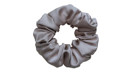 Hair scrunchie as hair tie in beautiful dark gray color made out of satin fabric with white background, so elegant and fashionable. A great hair tie accessory for girls and women.