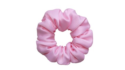 Hair scrunchie as hair tie in beautiful soft pink color made out of satin fabric with white background, so elegant and fashionable. A great hair tie accessory for girls and women.