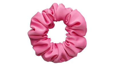 Hair scrunchie as hair tie in beautiful bright pink color made out of satin fabric with white background, so elegant and fashionable. A great hair tie accessory for girls and women.