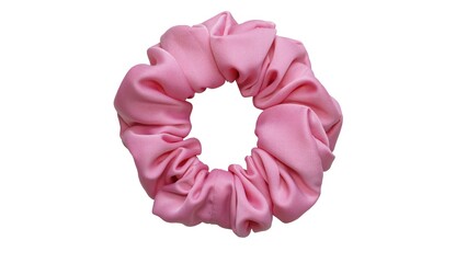 Hair scrunchie as hair tie in beautiful pastel pink color made out of satin fabric with white background, so elegant and fashionable. A great hair tie accessory for girls and women.